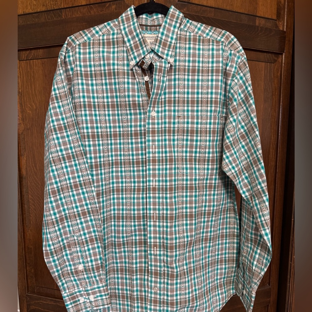 Panhandle Rough Stock Teal Green Brown Plaid Aztec Western Shirt Medium